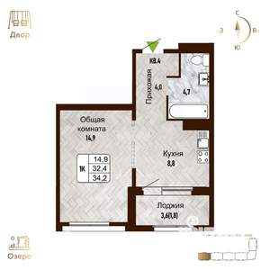 1-к квартира, вторичка, 34м2, 2/17 этаж