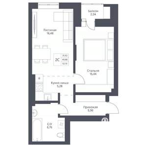 2-к квартира, вторичка, 52м2, 16/24 этаж