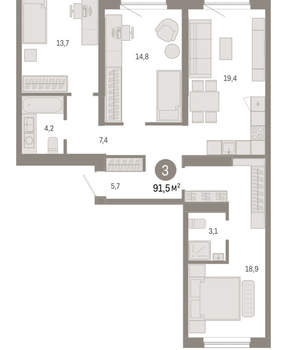 3-к квартира, вторичка, 91м2, 8/15 этаж