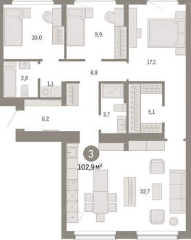 3-к квартира, вторичка, 103м2, 9/12 этаж