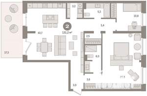 2-к квартира, сданный дом, 131м2, 2/8 этаж