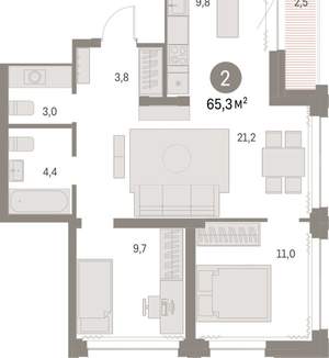 2-к квартира, вторичка, 65м2, 26/30 этаж
