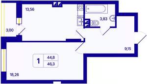 1-к квартира, вторичка, 46м2, 23/26 этаж