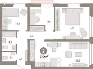 2-к квартира, вторичка, 77м2, 2/23 этаж
