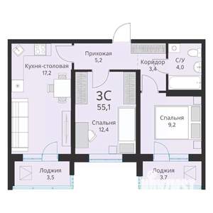 2-к квартира, вторичка, 55м2, 14/16 этаж
