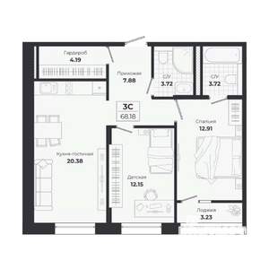 3-к квартира, строящийся дом, 65м2, 3/9 этаж