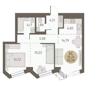 3-к квартира, вторичка, 56м2, 27/31 этаж