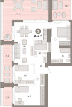 3-к квартира, вторичка, 151м2, 22/23 этаж
