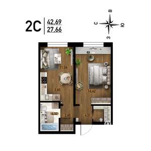 2-к квартира, строящийся дом, 43м2, 1/17 этаж