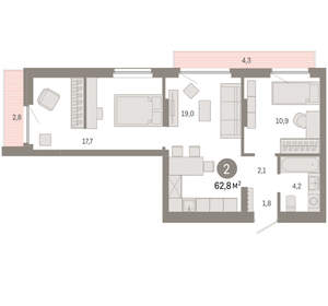 2-к квартира, вторичка, 63м2, 5/12 этаж