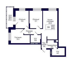 3-к квартира, вторичка, 81м2, 20/20 этаж
