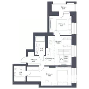 3-к квартира, вторичка, 59м2, 19/24 этаж