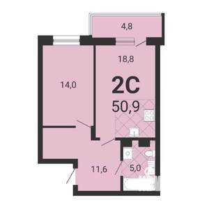 2-к квартира, вторичка, 51м2, 1/18 этаж