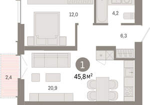 1-к квартира, вторичка, 46м2, 5/23 этаж