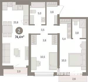 2-к квартира, вторичка, 74м2, 9/14 этаж