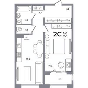 2-к квартира, вторичка, 54м2, 10/17 этаж