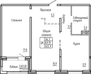 2-к квартира, строящийся дом, 64м2, 8/17 этаж