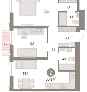 2-к квартира, вторичка, 67м2, 6/23 этаж