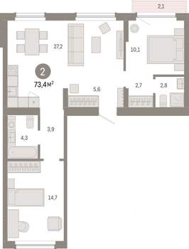 2-к квартира, вторичка, 73м2, 9/12 этаж