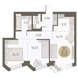 3-к квартира, вторичка, 57м2, 13/31 этаж