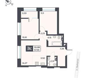 3-к квартира, вторичка, 58м2, 7/25 этаж