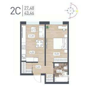 2-к квартира, строящийся дом, 43м2, 1/17 этаж