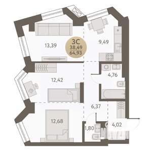 3-к квартира, вторичка, 65м2, 29/31 этаж