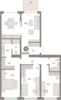 3-к квартира, вторичка, 125м2, 1/15 этаж