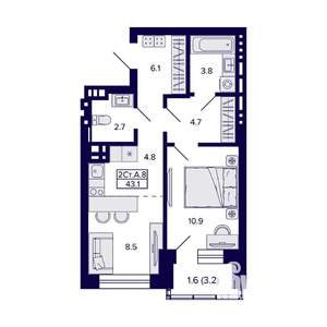 2-к квартира, вторичка, 43м2, 10/20 этаж