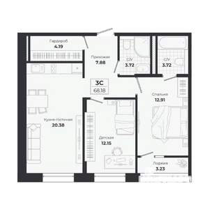 3-к квартира, строящийся дом, 65м2, 9/9 этаж