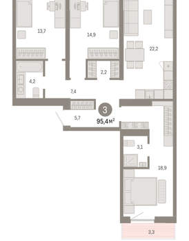 3-к квартира, вторичка, 95м2, 7/15 этаж