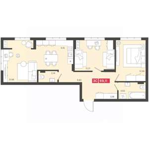 3-к квартира, вторичка, 69м2, 12/22 этаж