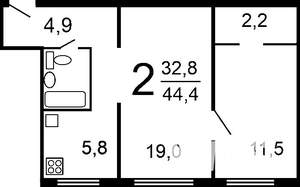 2-к квартира, вторичка, 43м2, 7/9 этаж