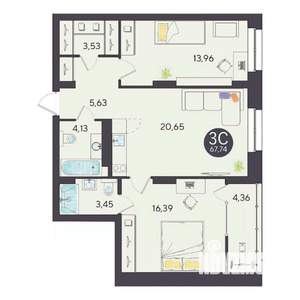 3-к квартира, строящийся дом, 68м2, 10/10 этаж