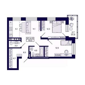 3-к квартира, вторичка, 63м2, 18/20 этаж