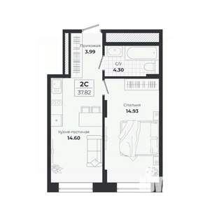 2-к квартира, строящийся дом, 38м2, 1/9 этаж