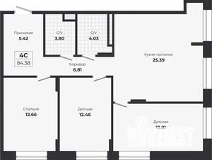 3-к квартира, строящийся дом, 84м2, 1/9 этаж