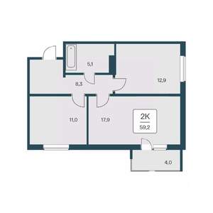 2-к квартира, вторичка, 59м2, 9/17 этаж