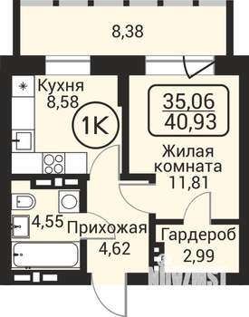1-к квартира, вторичка, 35м2, 21/24 этаж