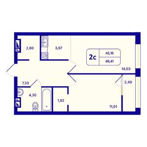 2-к квартира, вторичка, 46м2, 16/26 этаж