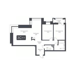 3-к квартира, строящийся дом, 88м2, 2/30 этаж
