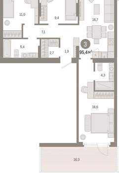 3-к квартира, вторичка, 95м2, 2/12 этаж