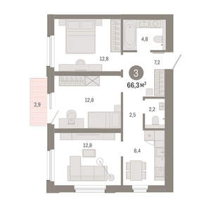 3-к квартира, вторичка, 66м2, 5/24 этаж