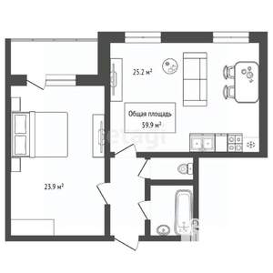 2-к квартира, вторичка, 60м2, 1/6 этаж