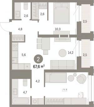 2-к квартира, вторичка, 67м2, 26/30 этаж