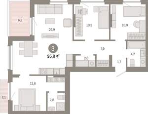 3-к квартира, вторичка, 96м2, 9/12 этаж