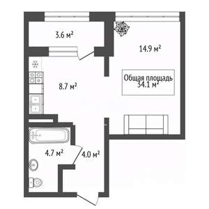 1-к квартира, вторичка, 34м2, 3/4 этаж