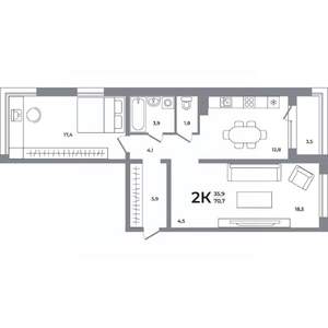 2-к квартира, вторичка, 70м2, 3/12 этаж