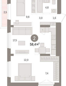 2-к квартира, вторичка, 58м2, 9/15 этаж