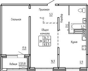 2-к квартира, строящийся дом, 64м2, 13/14 этаж